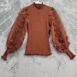 NEW Almost Famous Top Womens S Brown Ruffled‎ Ribbed Knit Sheer Balloon Sleeves